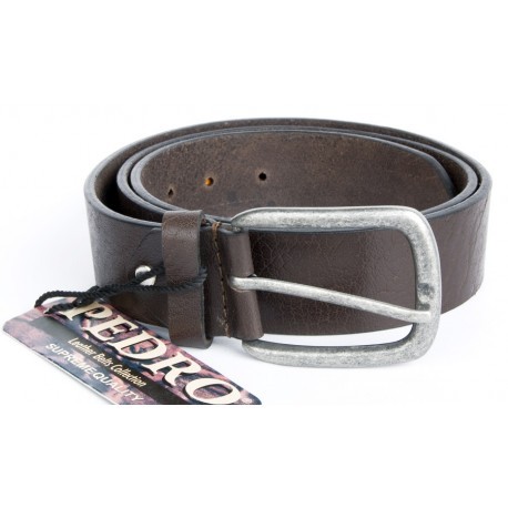 Hnědý kvalitní pevný kožený opasek s oblou přezkou 38 mm široký, 105 cm dlouhý