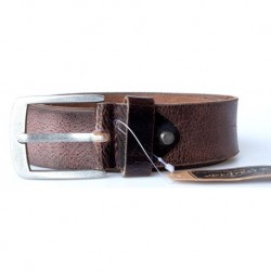 Kožený hnědý opasek 105 cm dlouhý z pevné silné kůže 38 mm široký se záměrnou patinou