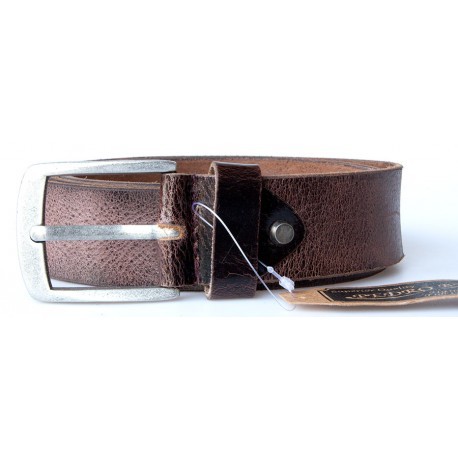 Kožený hnědý opasek 125 cm dlouhý z pevné silné kůže 38 mm široký se záměrnou patinou