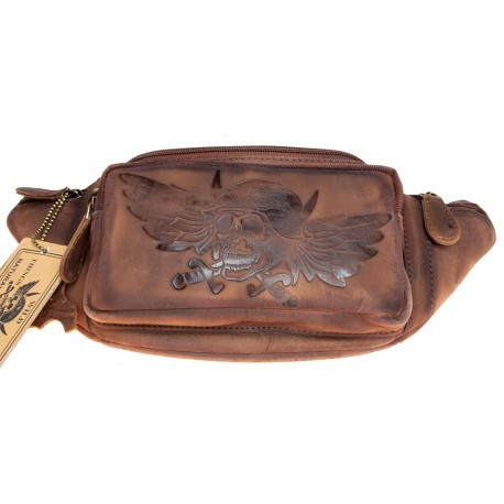 Kožená ledvinka s lebkou bikera a křídlem z pevné kůže s pěti kapsami s látkovou podšívkou