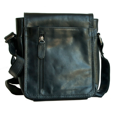 Střední pánská taška ze silné černé kůže s popruhem přes rameno