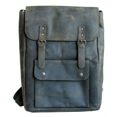 Velký hnědozelený plochý batoh ze silné pravé kůže