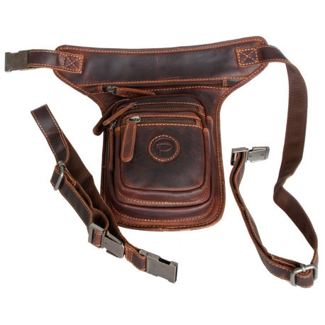 Motorkářská kožená taška Pedro na připevnění kolem pasu a na stehno z hlazené kůže s látkovou podšívkou